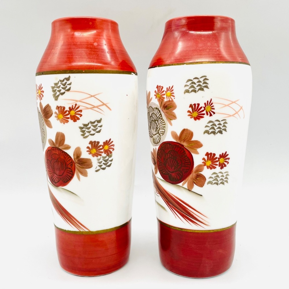 Japanese Kutani Style Milk Glass Vase Pair Bird Floral Red Gold 8" - Picture 2 of 6